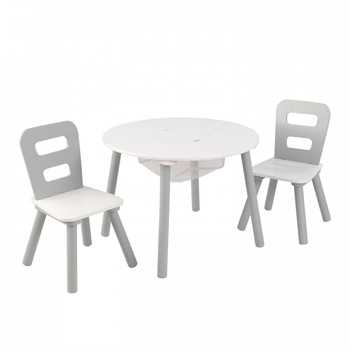 Masuta rotunda Gri cu doua scaunele si spatiu de depozitare- Grey Round Table Kidkraft